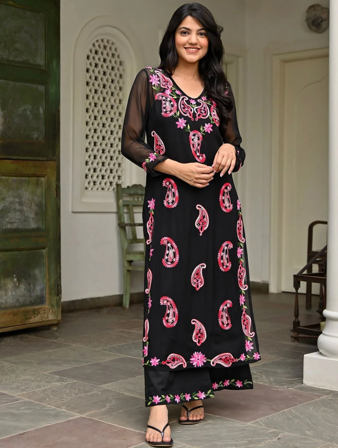 Georgette With Beautiful Multi Embroidery Work And Full Inner Micro Silk Crepe