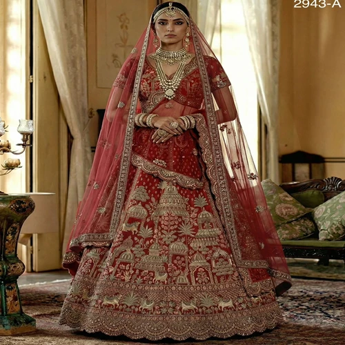 Exclusive Pattern Embroidery work Double Dupatta Flaired Bridal Lehenga Choli