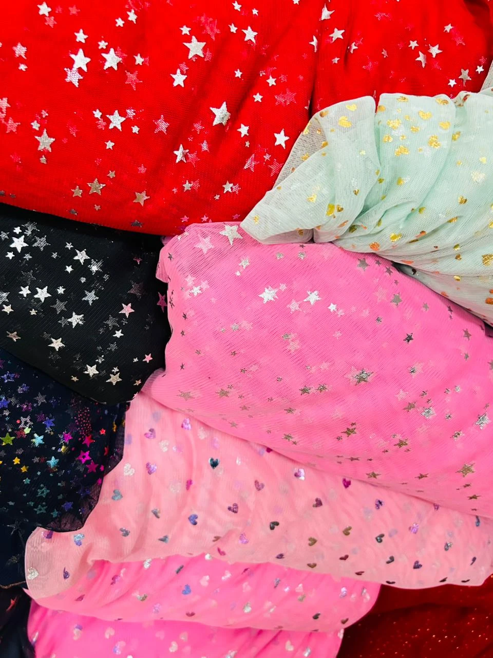 Polyester mesh silver gold multy foil print fabric