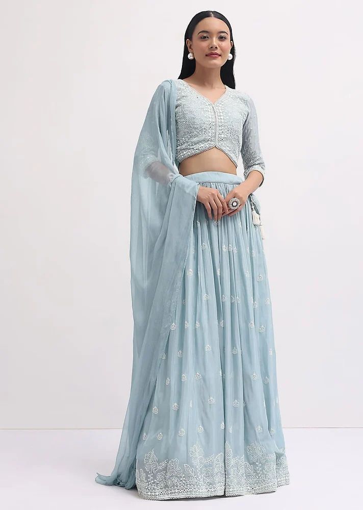 Ice Blue Georgette Zari Embroidery Lehenga Set - Factory Price by TRENDY CULTURE
