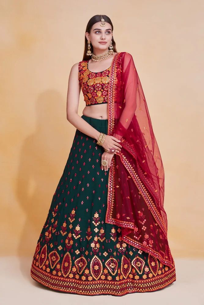Green Georgette Thread Sequence Embroidery Gota Patti Work Lehenga Choli