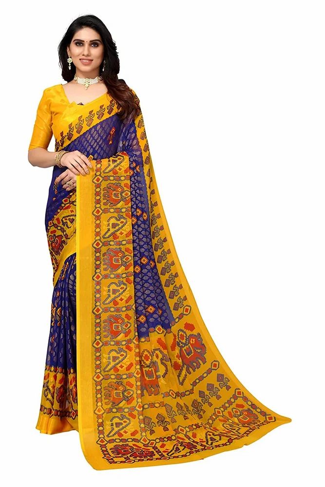 Gold Toned Printed Soft Chiffon Brasso Saree