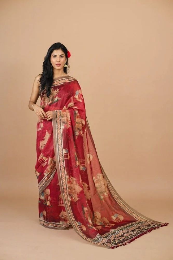 Red Mughal Figure Prints Saree
