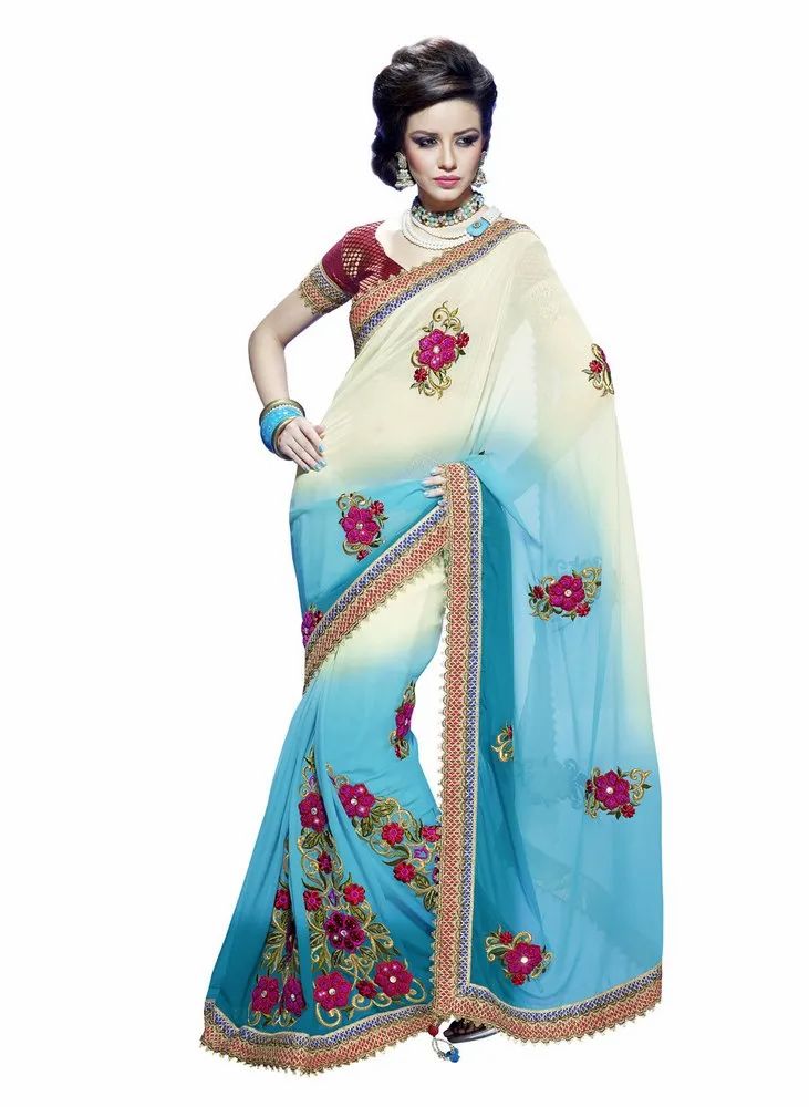 Blue Faux Chiffon Saree with Blouse 2806