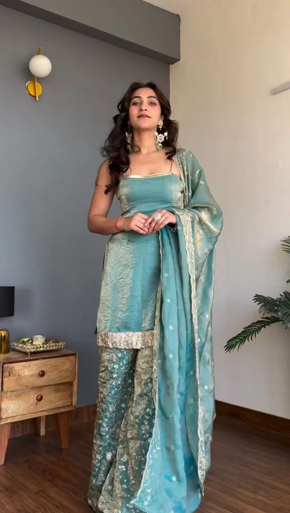 fendy silk kurti with plazzo and dupatta
