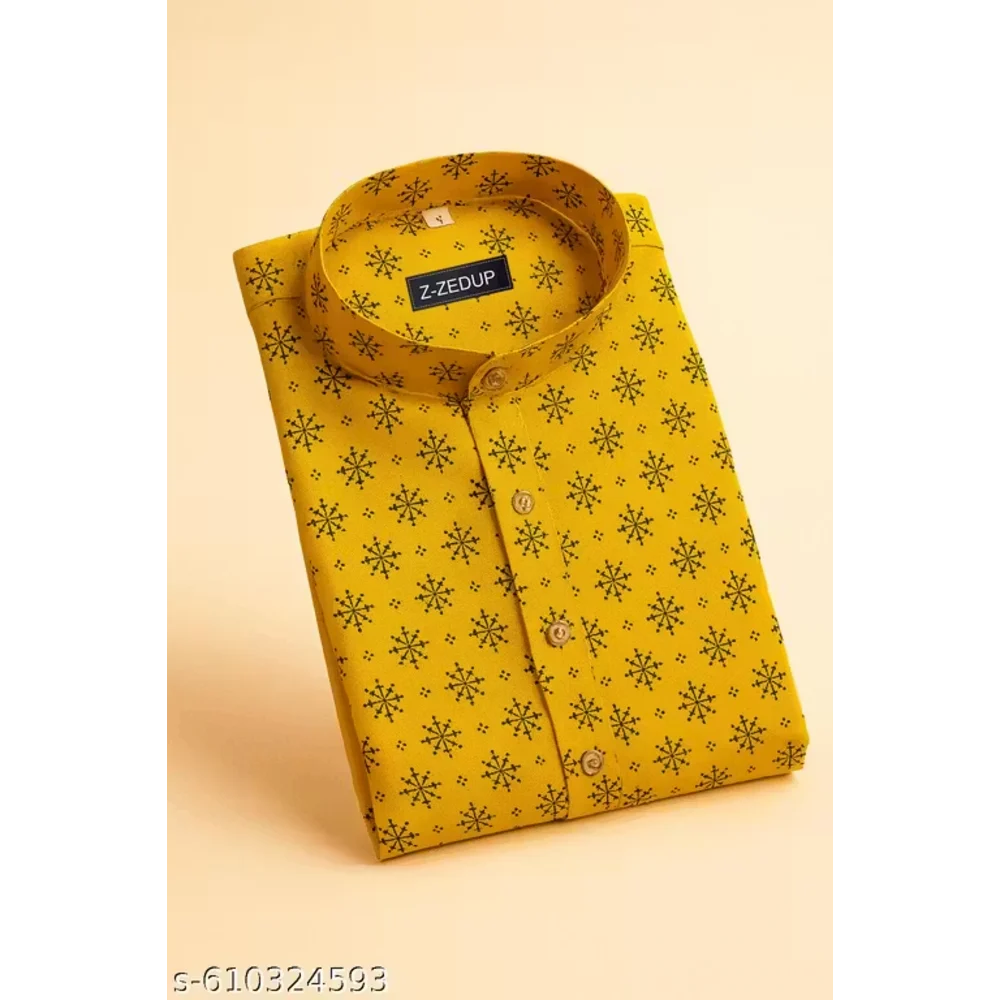 Men Lemon Yellow Cotton Blend Printed Kurta