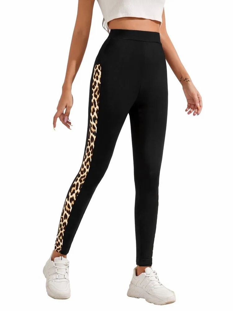 Side Stripped Leopord Printed Tights For Women