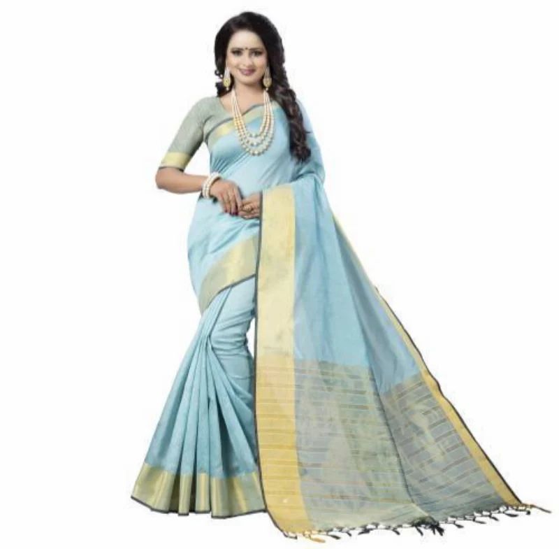 Silk Blend Woven Plain Solid Golden Zari Thick Border Banarasi Saree