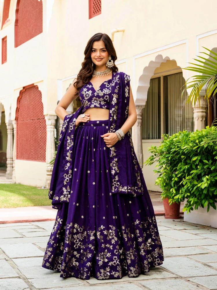 Direct Factory Price: Purple Sequence Embroidery Lehenga Choli Set - TRENDY CULTURE