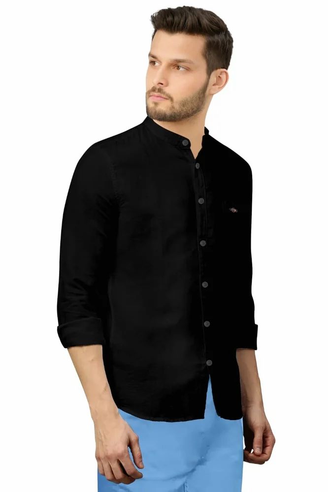 Mens Poly Cotton Black Chinese Collar Shirt