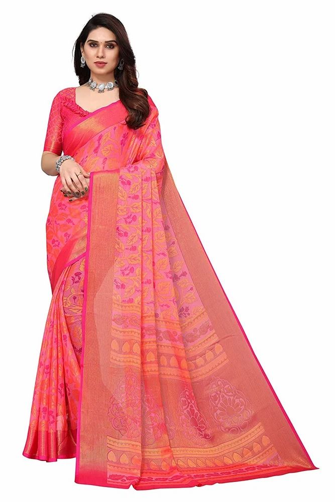 Leeza Store Gold Toned Floral Printed Soft Chiffon Brasso Saree With Ethnic Motifs On Pallu