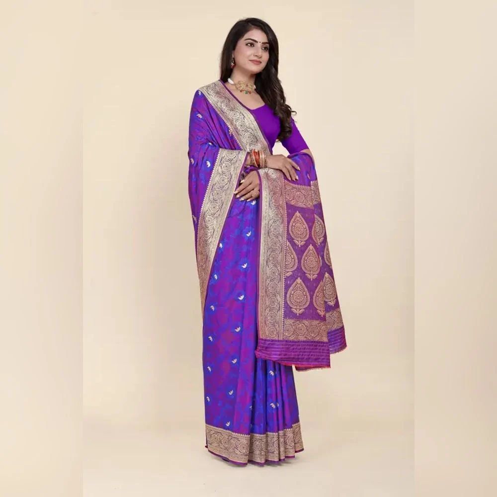 Ladies Silk Purple Printed Banarasi Saree