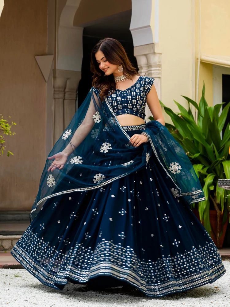 Sequence Embroidered Georgette Teal Blue Wedding Wear Lehenga Choli