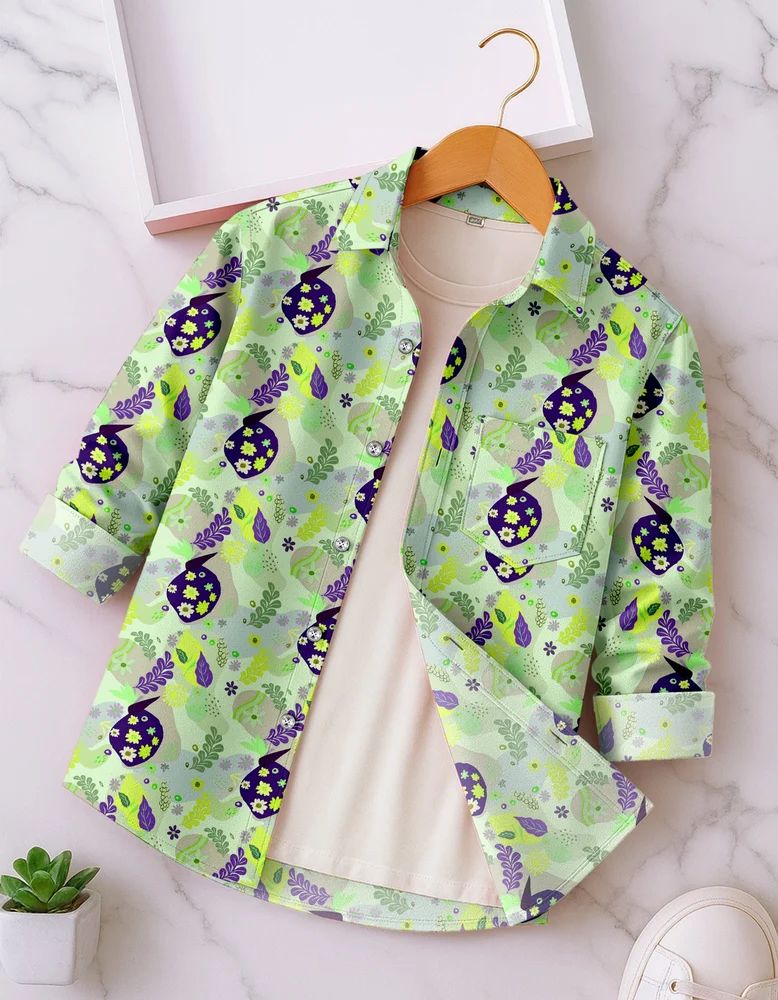 Green Boys Rayon Botanical Elements Print Shirt