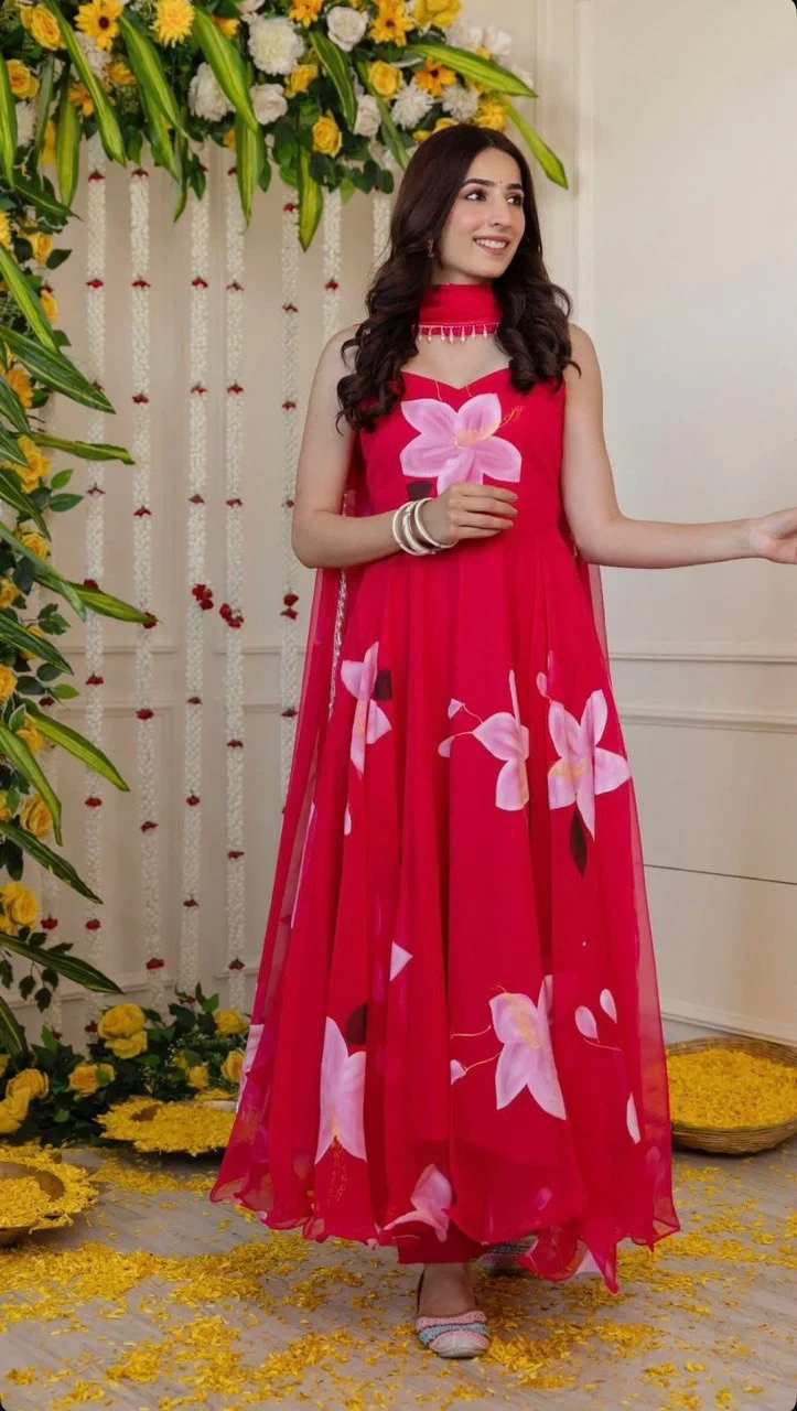 Digital Printed Organza Silk Anarkali Suit With Bottom And Dupatta