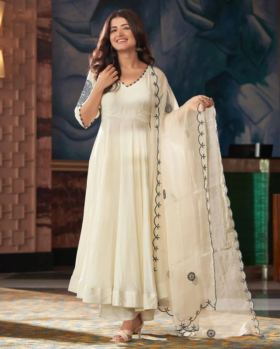 Party Wear Look Suit Set With Embroidery And Real Mirror Work