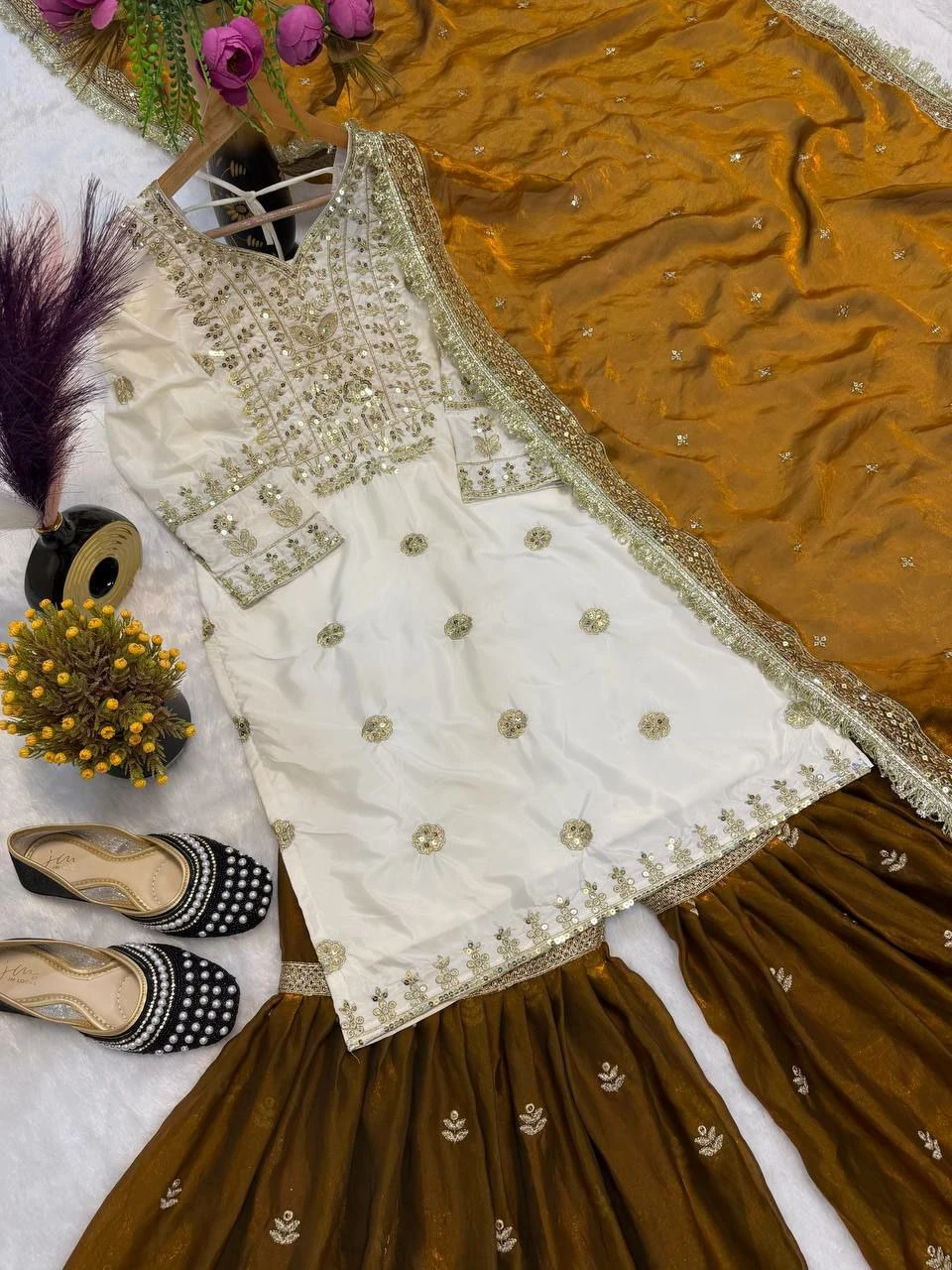Heavy Natural Crep Silk With Heavy Embroidery