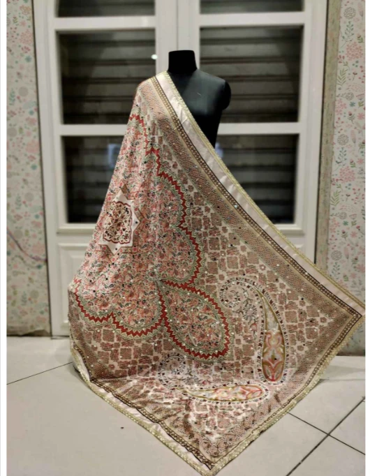 Designer Women's Hand Embroidered Multicolor Satin Dupatta Scarf Stole Wrap Traditional Ethnic Print Patchwork in Silk