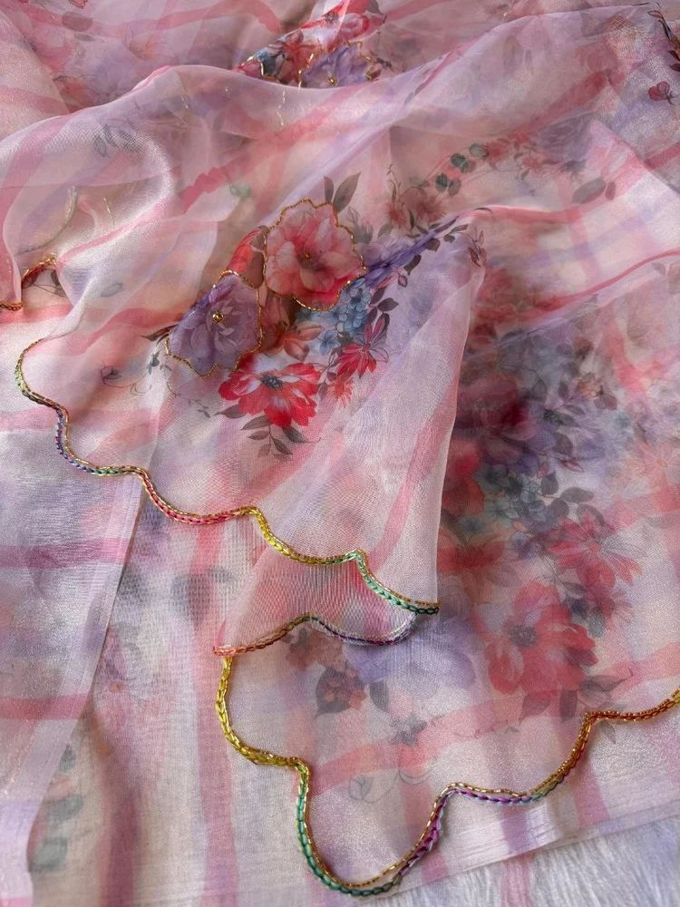 Seashell Pink Organza Handwork Saree