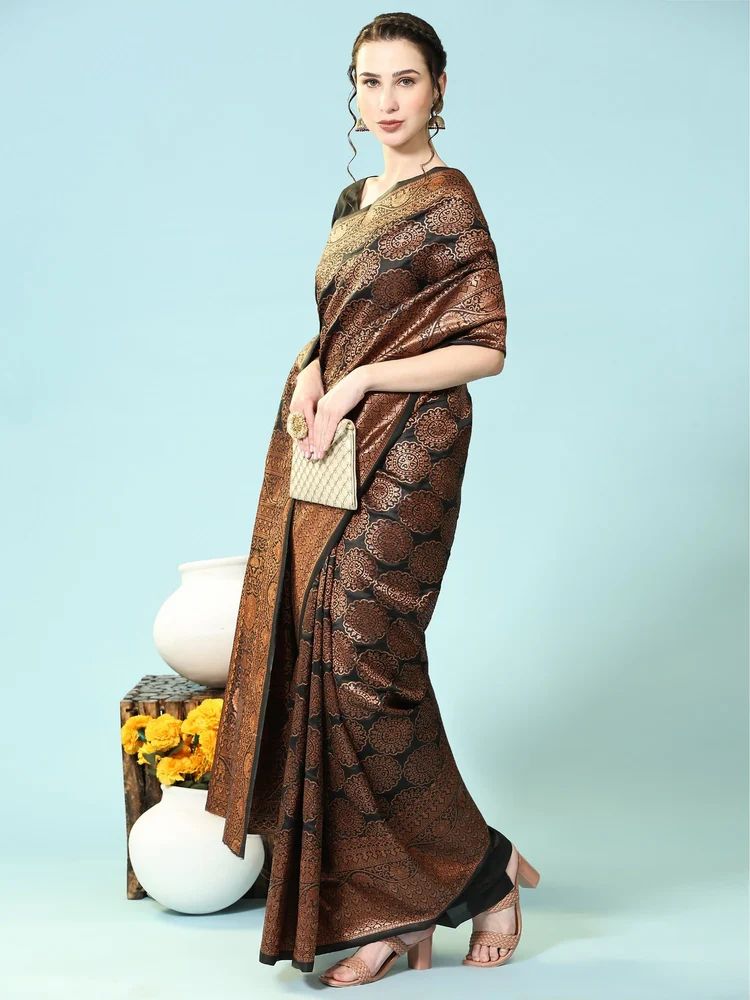 Ladies Banarasi Motif Printed Black Art Silk Saree