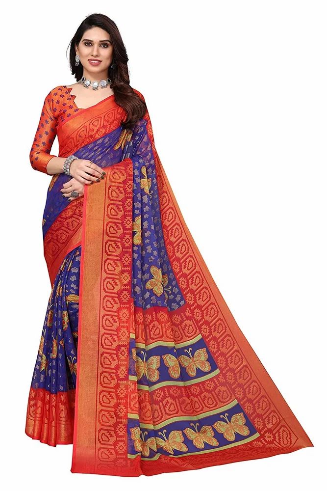 Leeza Store Gold Toned ButterFly Motifs Printed Soft Chiffon Brasso Saree