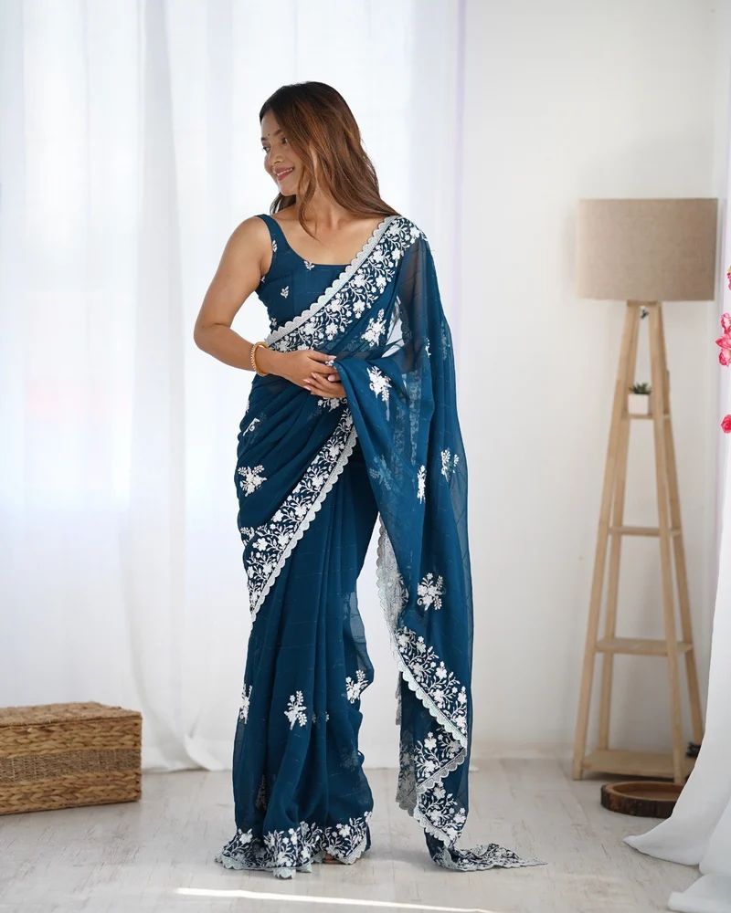 SOFT GEORGETTE WITH 3 MM SEQWANCE WORK LACE BORDER SAREE AT WHOLESALE PRICE