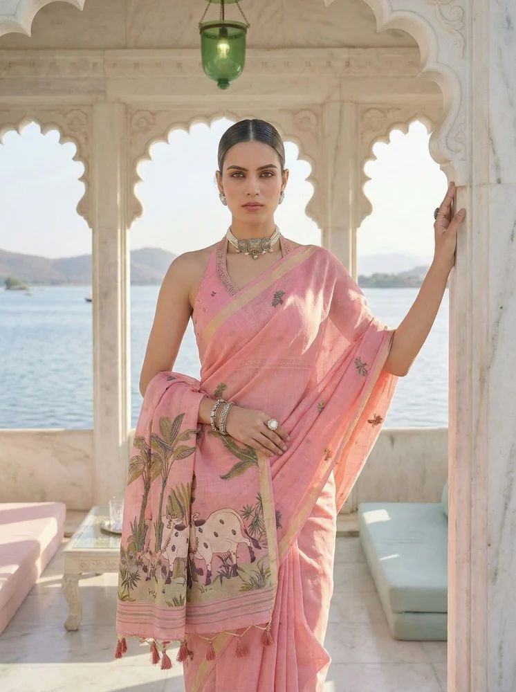 Pink Pichwai Jamdani Cotton Saree