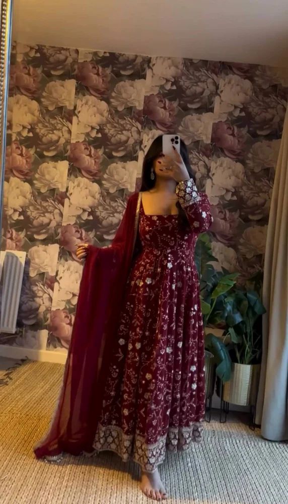 Designer Maroon Embroidered Anarkali Suit with Heavy Border & Dupatta