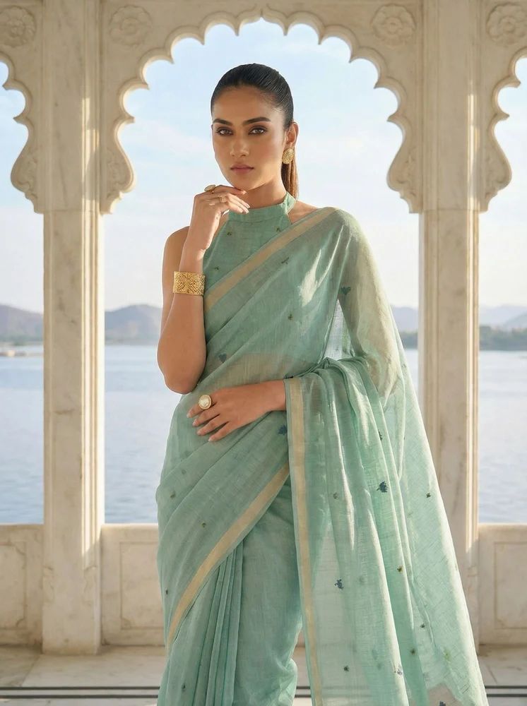 Sea Green Pichwai Jamdani Cotton Saree