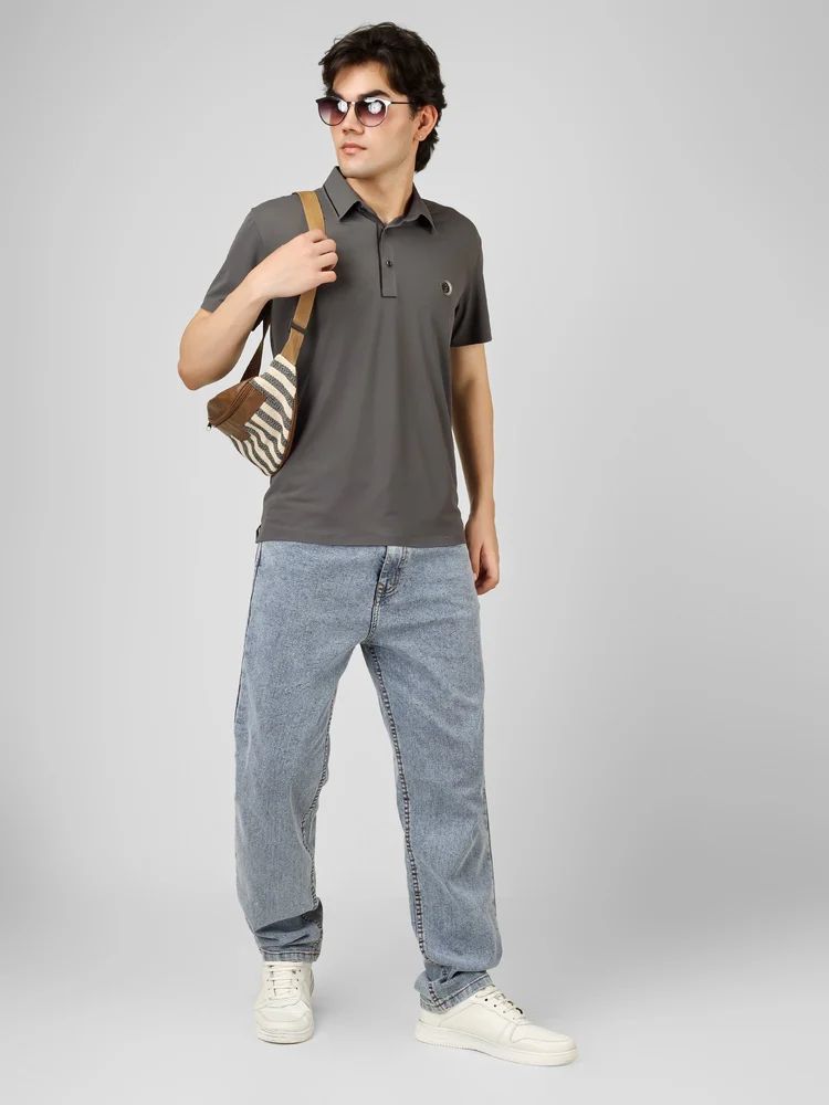 Nylon Grey Melange  Polo T Shirt