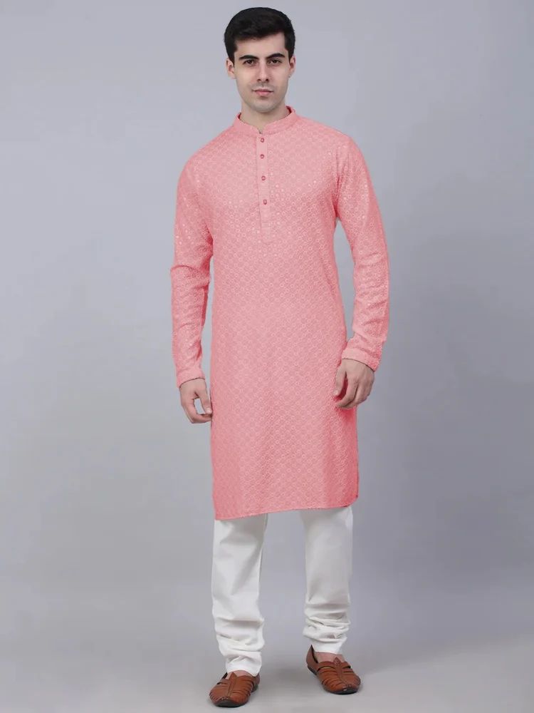 Men Embroidered, Embellished Cotton Rayon Straight Kurta