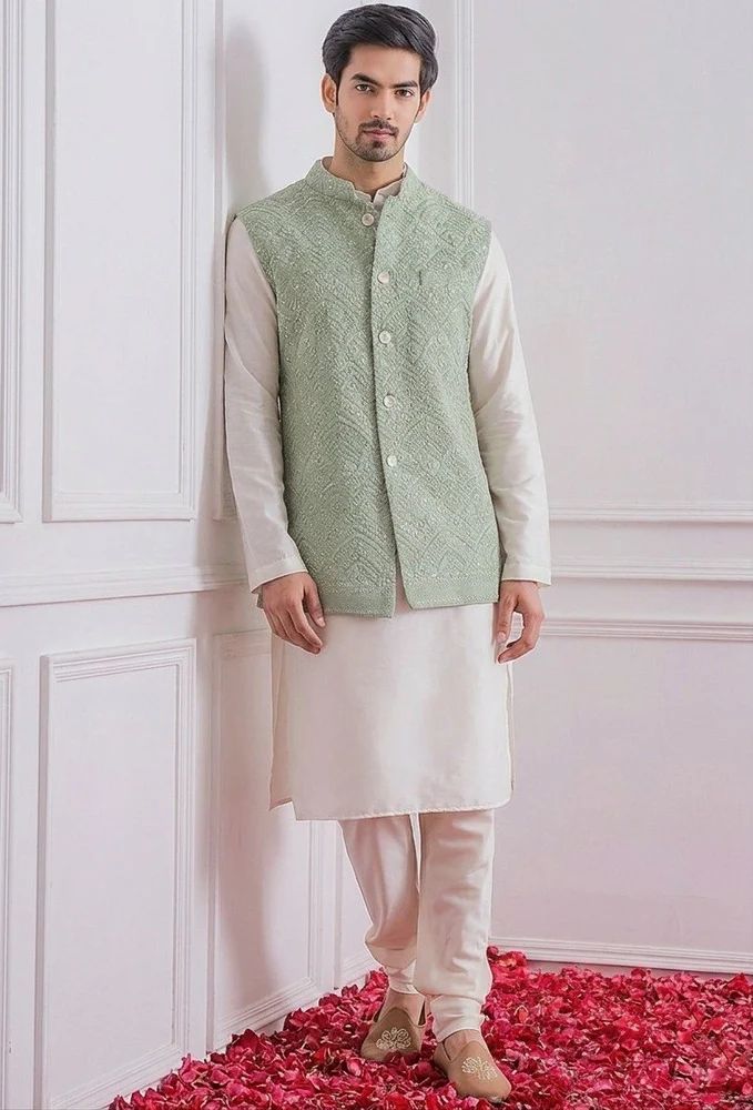 Trendy Culture's Silk Material Sequence Work White Kurta With Pista Green Jacket- Factory Price