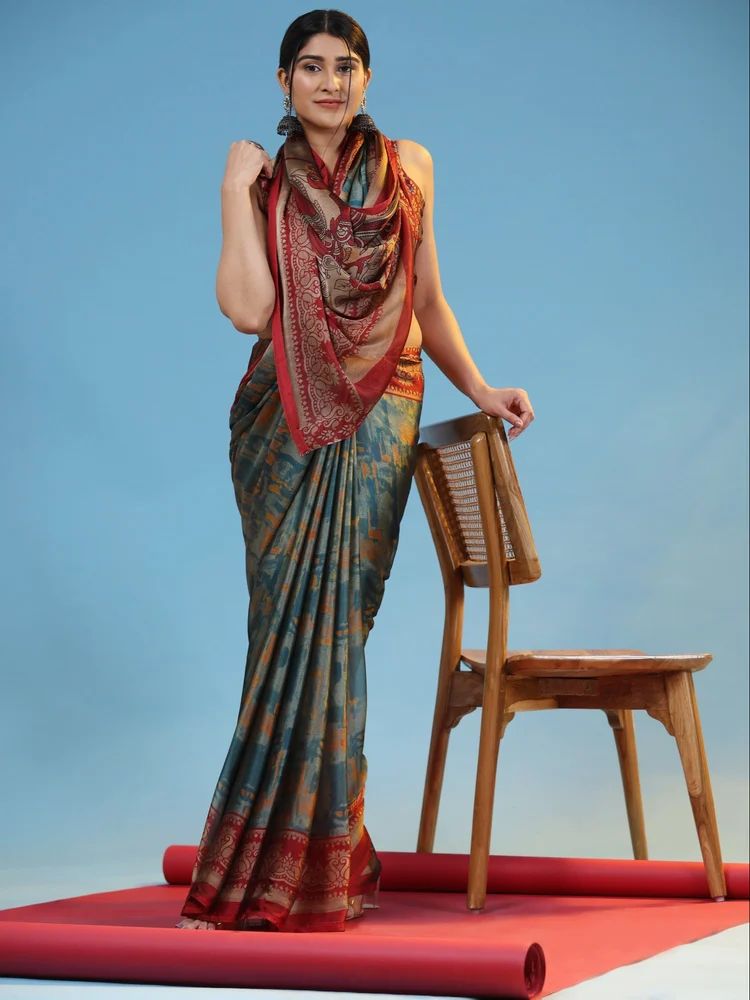 Ladies Grey Abstract Printed Chiffon Saree