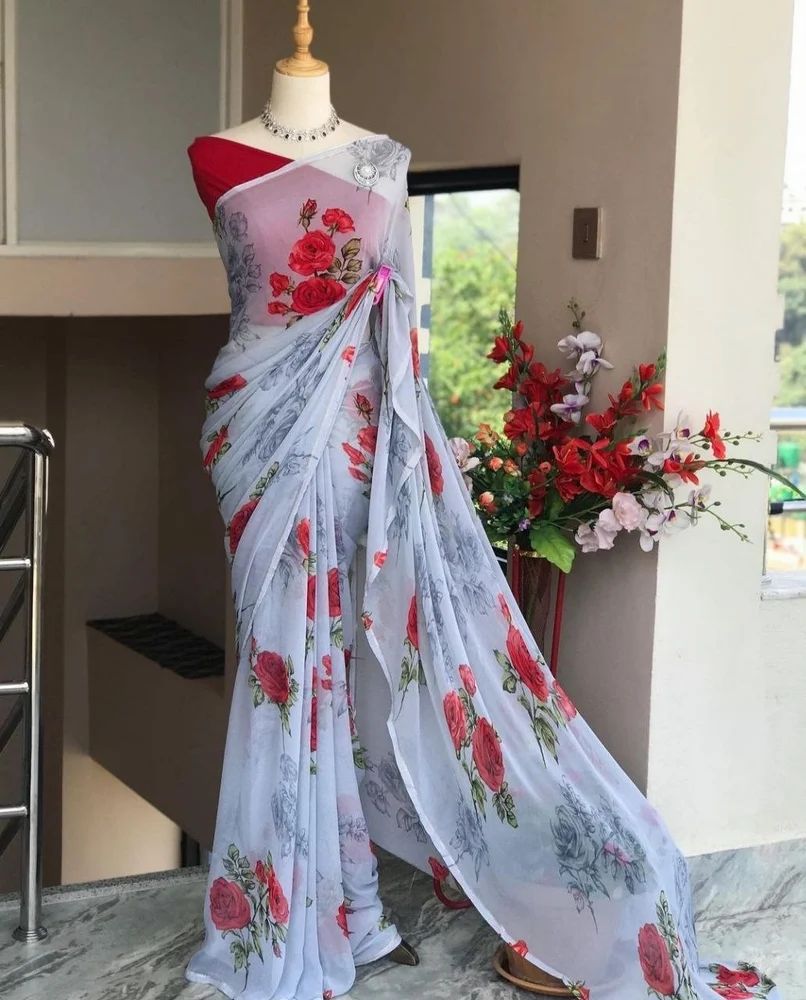 Ghost White Digital Print Georgette Sarees