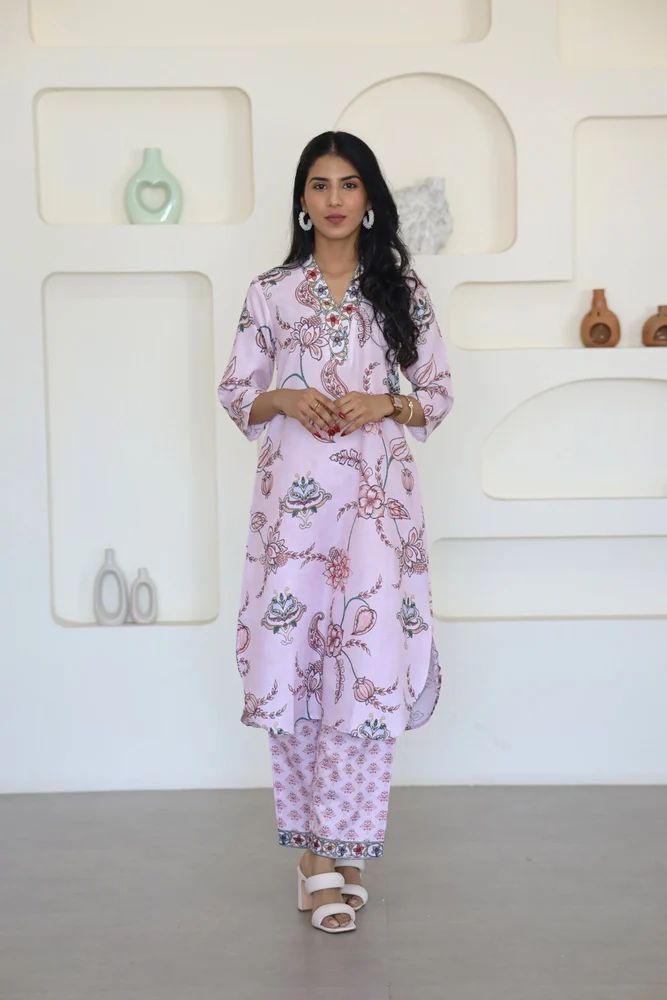 Pink Floral Printed Kurti Set