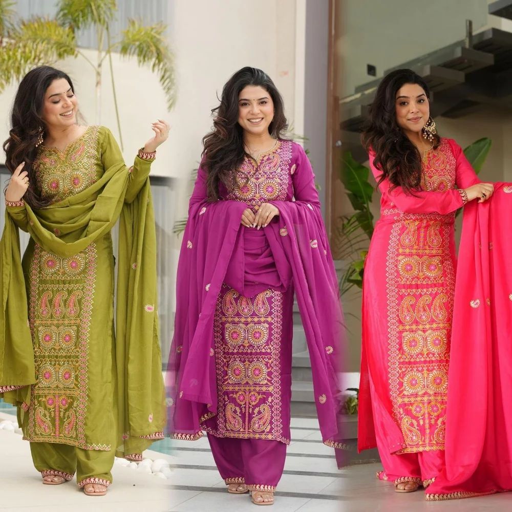 Chinnon silk with Multi Thread Embroidered work kurti pant and dupatta