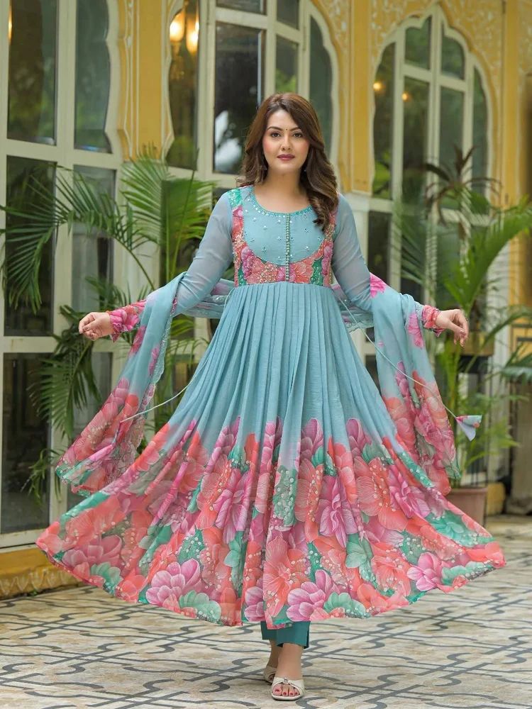 Party Wear Fox Georgette Gown Suit Set