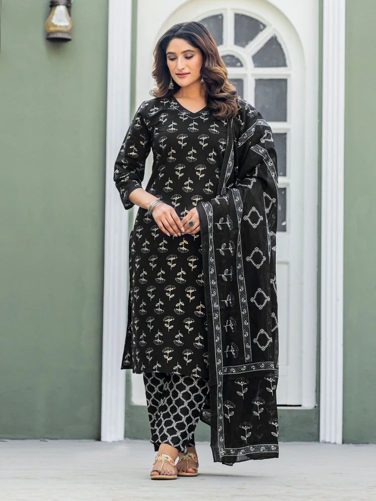 Fully Stitched Cotton Blend Kurti-Pant-Dupatta Set