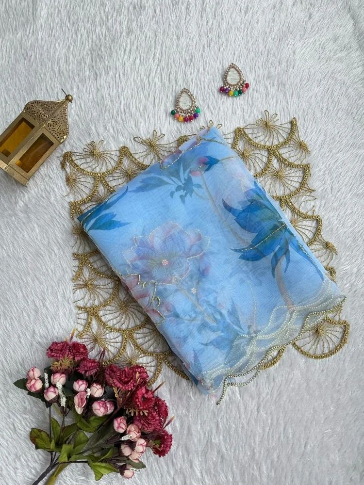 Blizzard Blue Organza Handwork Saree