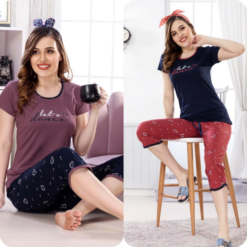 Ladies Stylish Nighty Half Sleeve T Shirt And 3/4 thPant