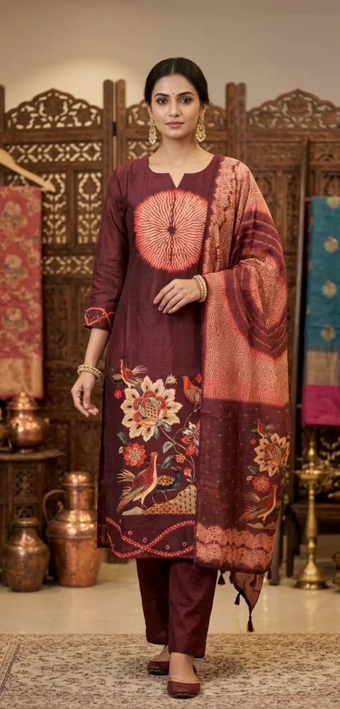 Elegant Wine/Maroon Chanderi Suit Set