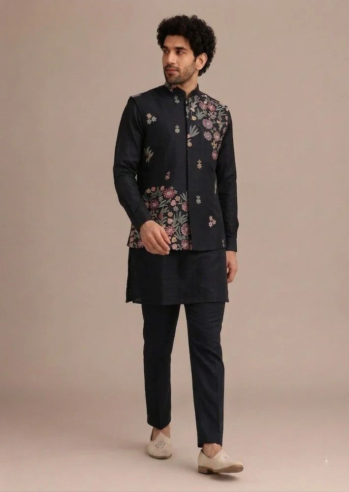 Trendy Culture's  Heavy Embroidered Black Men's Jacket With Plain Kurta pant