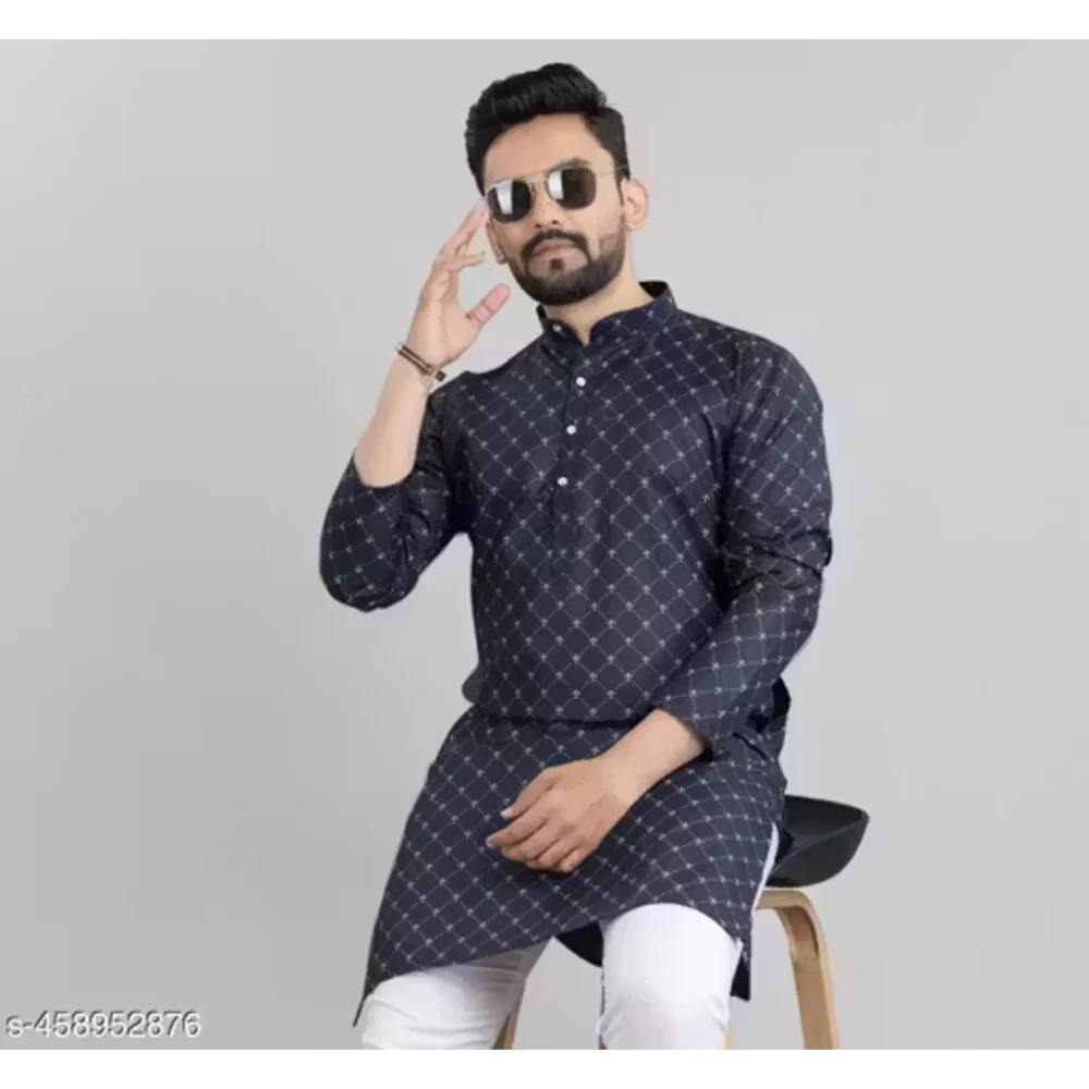 Men Navy Blue Cotton Blend Printed Kurta