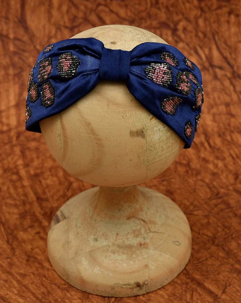 Dark Blue Embroidered Beaded Hairband