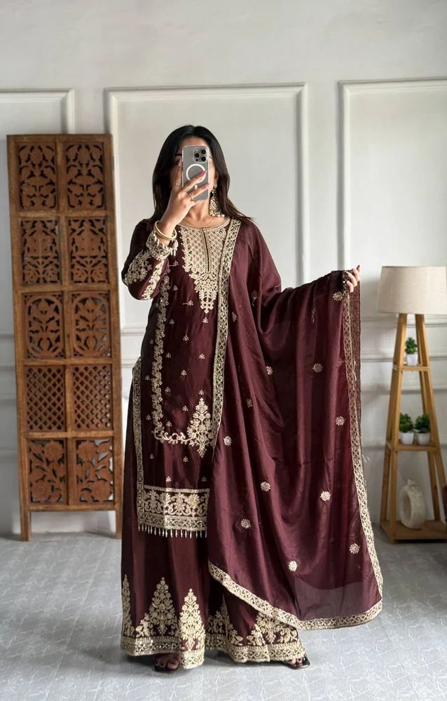 Silk Ladies Embroidered Kurti Palazzo Set
