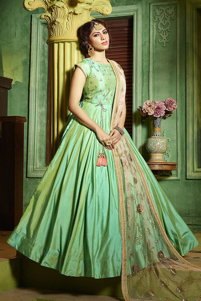 Green Silk Floor Length Anarkali Suit