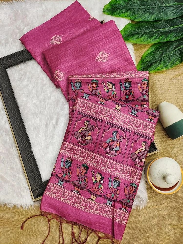 SOFT TUSSAR SILK MADHUBANI PRINTED BORDER SAREE AT WHOLESALE PRICE