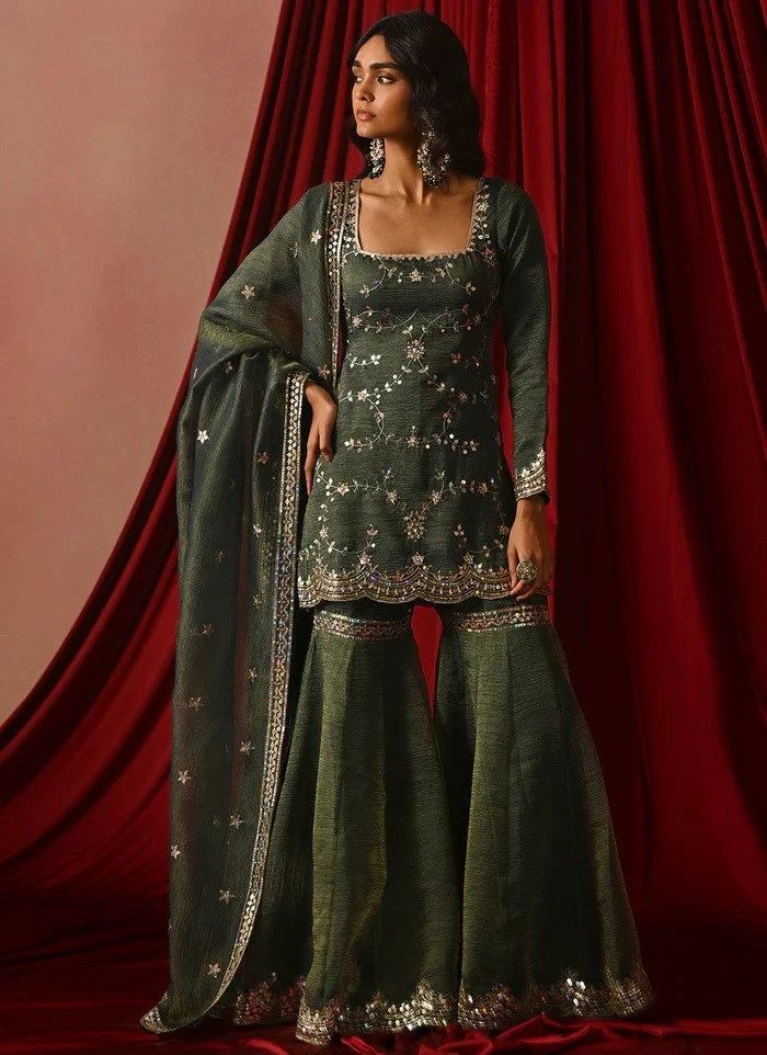 Attractive Zari Embroidery Silk Green Sharara Suit For Mehndi Ceremon
