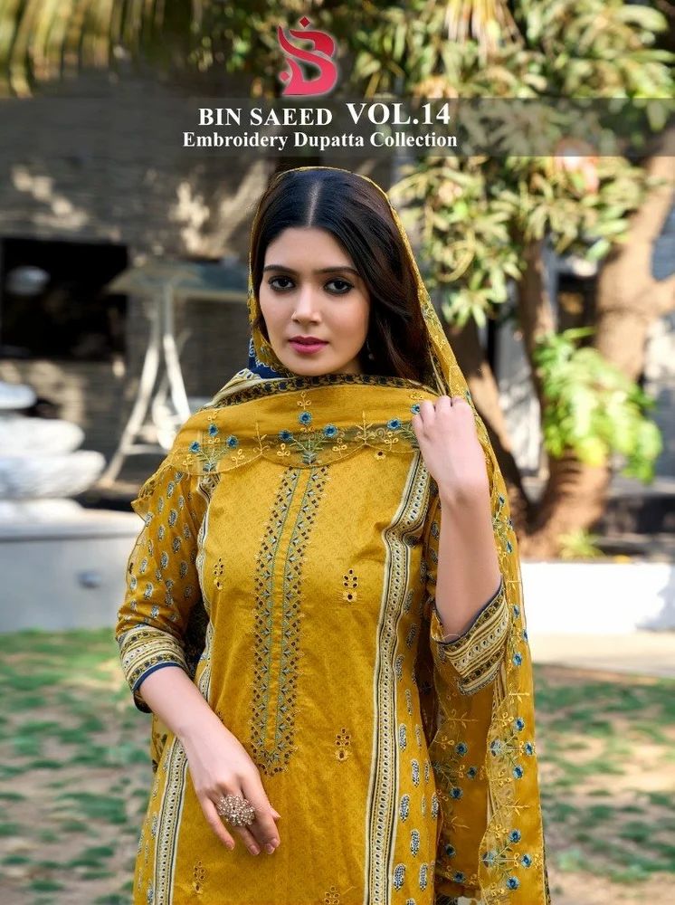 SHARADDHA DESIGNER BIN SAEED VOL-14 PURE COTTON WITH SELF EMBROIDERY DRESS MATERIAL