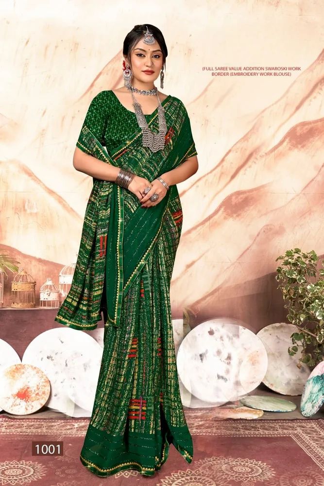 Green Printed Georgette Saree, 6.3 m (with blouse piece)